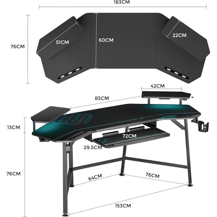 Ергономічний ігровий стіл EUREKA зі світлодіодним освітленням, великий ігровий стіл у формі крила 182x76 см, комп&39ютерний стіл з підставкою для клавіатури, 2 підставки для монітора, гачки для навушників для домашнього офісу, студії, прямих трансляцій, 1