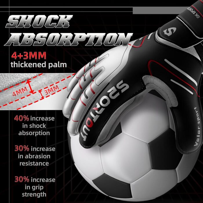 Воротарські рукавички Sportout для дітей та чоловіків із захистом пальців, футбольні рукавички із захистом пальців, воротарські рукавички з нековзним латексом 4 мм, чорні, розмір 7