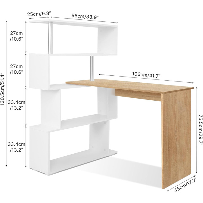 Комп'ютерний стіл Meerveil L-подібної форми, кутовий, з книжковою полицею, що обертається на 360 градусів, для кабінету, вітальні,