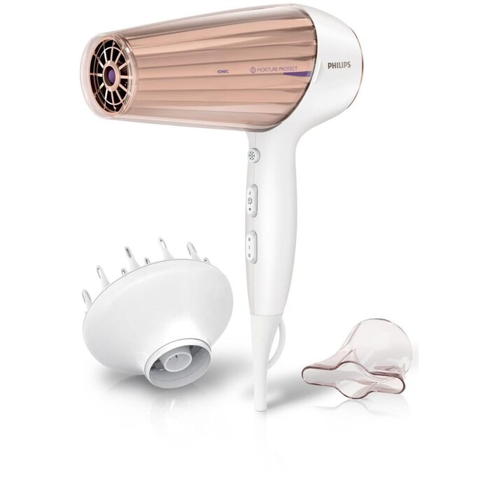 Фен для волосся Philips MoistureProtect 2300 Вт, функція іонізації, 6 рівнів температури та швидкості, з дифузором та насадкою для стайлінгу (модель HP8280/00)