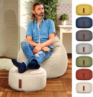 Табурет-мішок з квасолі Green Bean, домашній лляний, круглий, 45x25 см, з наповнювачем з EPS-бісеру - Пуф-підставка для ніг для квасолі-мішків - Подушка на підлогу для дітей та дорослих - Подушка на сидіння табурета Sand - Піщано-кремовий
