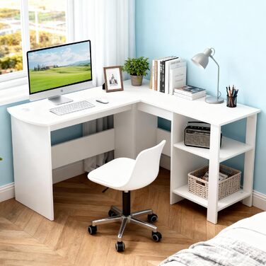 Г-подібний стіл Sweetcrispy з полицею та шафою, 130x130x74 см, кутовий стіл, міцний ігровий стіл з місцем для зберігання, легке складання, білий 130x130x74 см