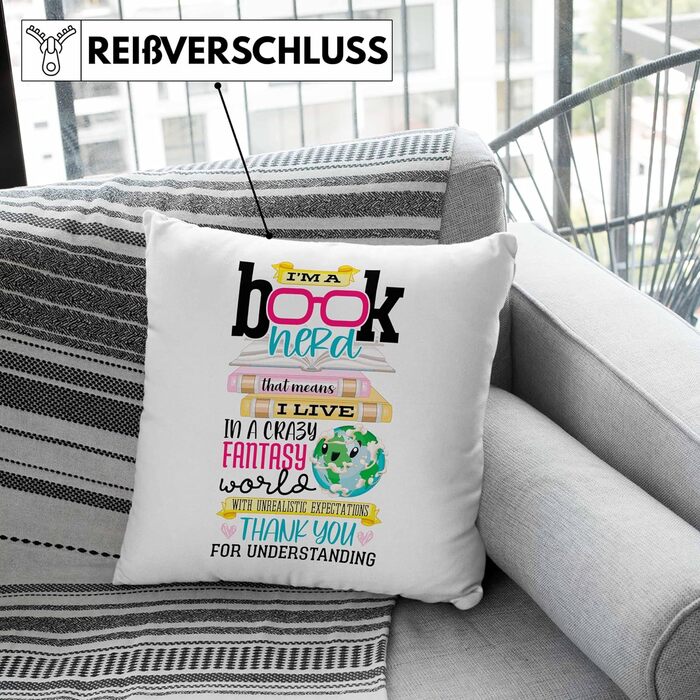 Подарункова подушка Trendation Bookworm з наповнювачем 40x40 Я книголюб Читання книг Подарунок Bookworm Висловлювання Читання (сіра)