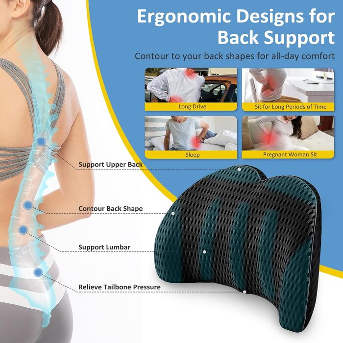Поперекова опорна подушка для автомобіля, ортопедична поперекова подушка, поперекова опора з піни з ефектом пам&39яті для автомобіля, офісні крісла, інвалідні візки (чорна)