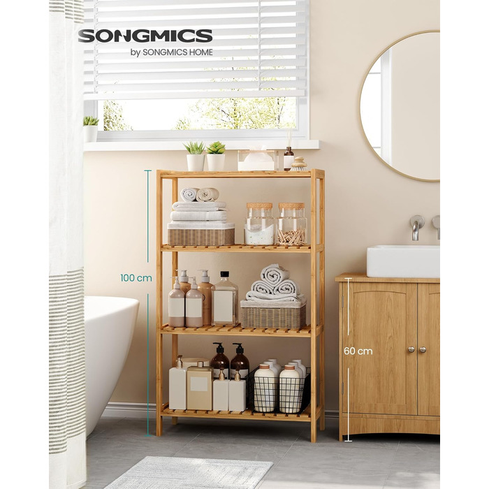 Полиця для ванної кімнати SONGMICS, кухонна полиця, взуттєва полиця з 4 ярусами, бамбукова окремостояча полиця, 26 x 60 x 100 см, для ванної кімнати, вітальні, коридору, кухні, натуральний бежевий BCB034Y01 4 полиці