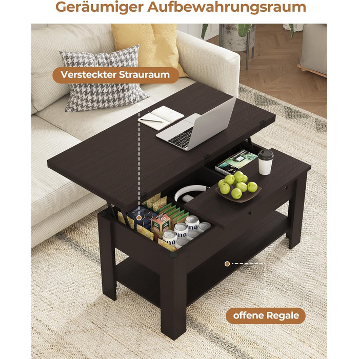 Журнальний столик з регульованою висотою, багатофункціональний стіл для вітальні 3-в-1, журнальний столик, приховане місце для зберігання, відкрите відділення, можна використовувати як обідній стіл, для вітальні, офісу, чорно-коричневий