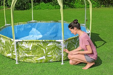 Басейн Bestway Steel Pro Frame з навісом від сонця 244x51 см Круглий садовий басейн із розбризкувачем та захистом від ультрафіолету, наземний басейн для дітей та сімей, дизайн Green Leaf, літній, 244 x 51 см 2