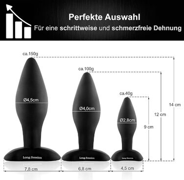 Набір анальних пробок Long.Session, з силікону, три розміри Ø2,8 см, Ø4,0 см, Ø4,5 см