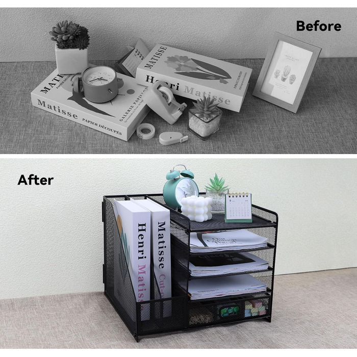 Сітчастий настільний органайзер з вертикальним тримачем для файлів, 5-ярусним лотком для паперу з висувною шухлядою та 2 тримачами для ручок, настільний органайзер з тримачем для журналів для офісного приладдя Black1