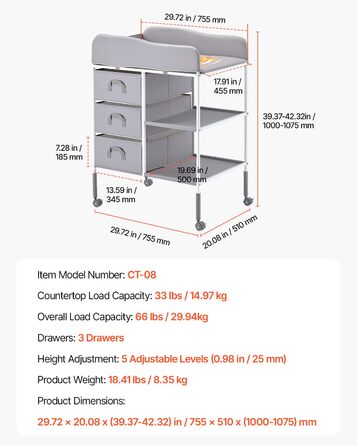 Портативний пеленальний столик VEVOR з 3 висувними шухлядами для тканини та колесами, що замикаються, регульований по висоті багатофункціональний пеленальний столик для немовлят з органайзером для зберігання речей для дитячої кімнати, сірий