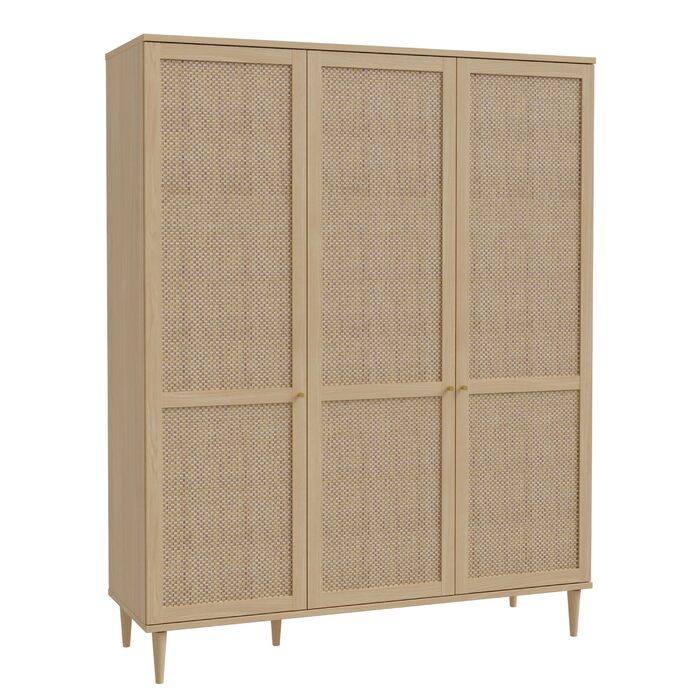 Шафа 165, Шафа в стилі бохо з 3 дверима, вішалка для одягу, полиці, інженерна деревина, декор дуба Elegancia/технораттан, 165 см завширшки x 208 см заввишки x 52 см завглибшки, 3-дверна шафа