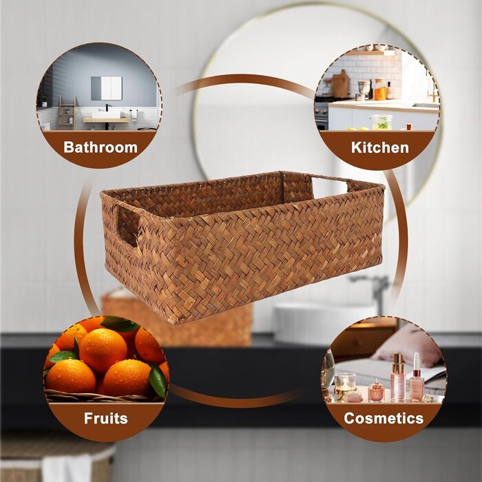 Набір кошиків для зберігання морської трави з 2 предметів, плетений кошик для зберігання, 34x23x11 см, квадратний плетений кошик, плетені кошики для спальні, ванної кімнати, комори