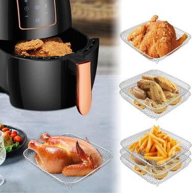 Стійки для аерофритюрниці, лоток для кошика аерофритюрниці з нержавіючої сталі 3-шарові штабельовані стійки-дегідратори для випічки у фритюрниці (квадратні), 3