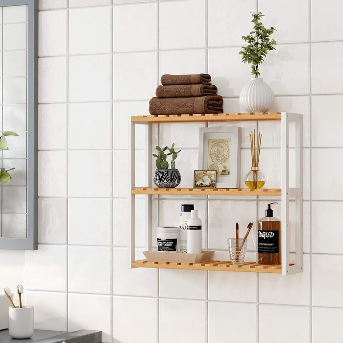 Полиця для ванної кімнати SONGMICS, бамбукова полиця, полиця для рослин з 3 регульованими полицями, настінна, окремостояча, для вітальні, коридору, кухні, 60 x 15 x 54 см, натуральний та білий BCB13WN білий натуральний