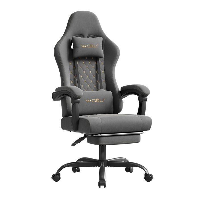 Ігрове крісло WOLTU з функцією масажу, ергономічне комп&39ютерне крісло, пружинні подушки Pocket Spring, масаж поперекового відділу хребта, підголівник, підставка для ніг, обертове крісло, 150 кг, технічна тканина, сіро-жовто-сіра технічна тканина