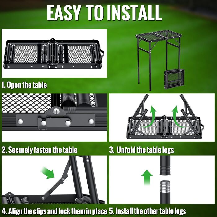 Складаний стіл-гриль GARLLEN, 60x40 см та 3 регульовані висоти (27/51/75 см), легкий та портативний, складаний стіл, кемпінговий стіл, бічний столик, садовий стіл, стіл для пікніка, невеликий стіл-гриль для кемпінгу, чорний, 60 x 40 x 27/51/75 см