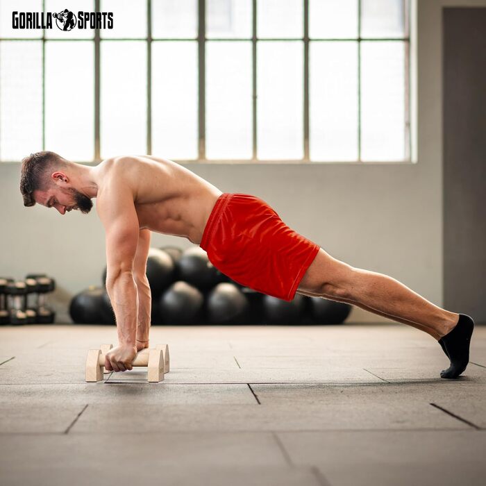 Ручки для віджимань GORILLA SPORTS - Комплект з 2 шт., дерев&39яні, нековзні, вантажопідйомність до 300 кг, вкл. сумку для перенесення - Обладнання для калістеніки, Паралети, Ручки для стійки на руках, Турніри для віджимань, Поперечини для віджимань