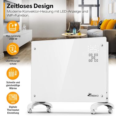 Скляний конвектор TRESKO 2000 Вт із застосунком та функцією WiFi Електричний скляний обігрівач Конвекторний обігрівач зі світлодіодним дисплеєм та таймером Електричний радіатор, окремостоячий або настінний, 2000 Вт, білий / 2000 Вт