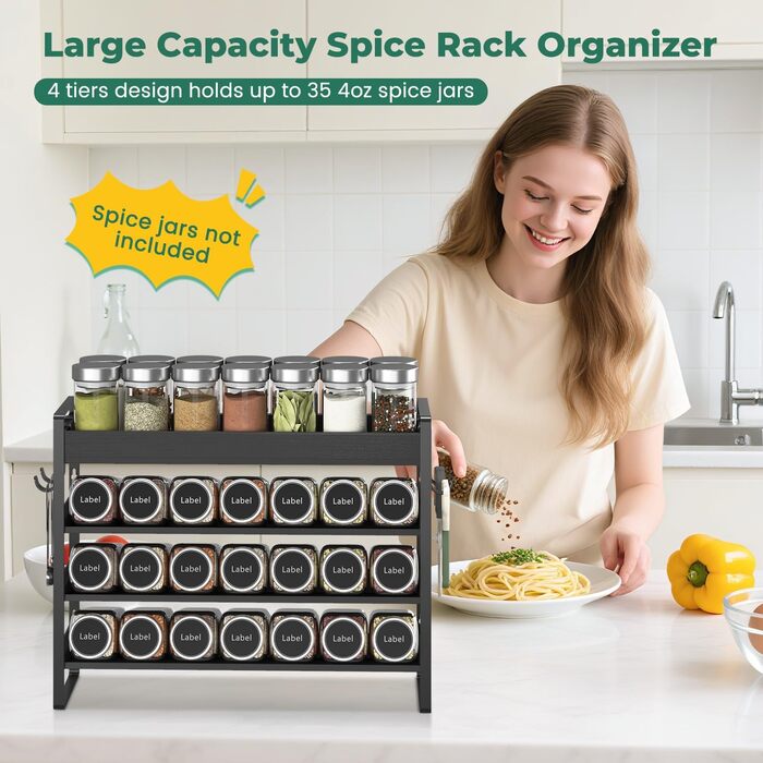 Стійка для спецій, дерев&39яний органайзер для спецій, 4-рівнева бамбукова стійка для спецій, стійка для спецій, підставка для спецій, тримач для спецій, система стійок для спецій, настінна та для кухонь (чорна) чорнийчорний