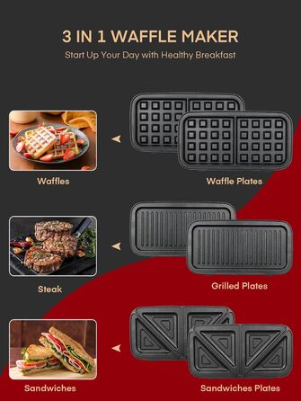 Бутербродниця 3 в 1, вафельниця 1200 Вт/контактний гриль/тостер для сендвічів, 5-швидкісний контроль температури, набори пластин Coater з антипригарним покриттям, термоізольована ручка, можна мити в посудомийній машині, світлодіодні лампи, червоний