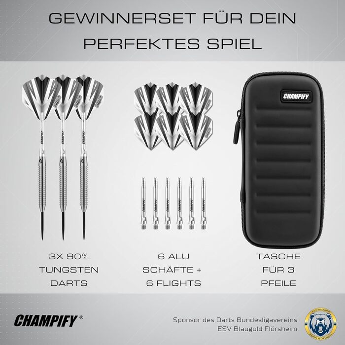Набір дротиків Champify з 90 вольфраму з чорним футляром 3 сталеві дротики з 9 алюмінієвими стрижнями та 9 дергами Набір дротиків з аксесуарами Дартс з білим металевим наконечником