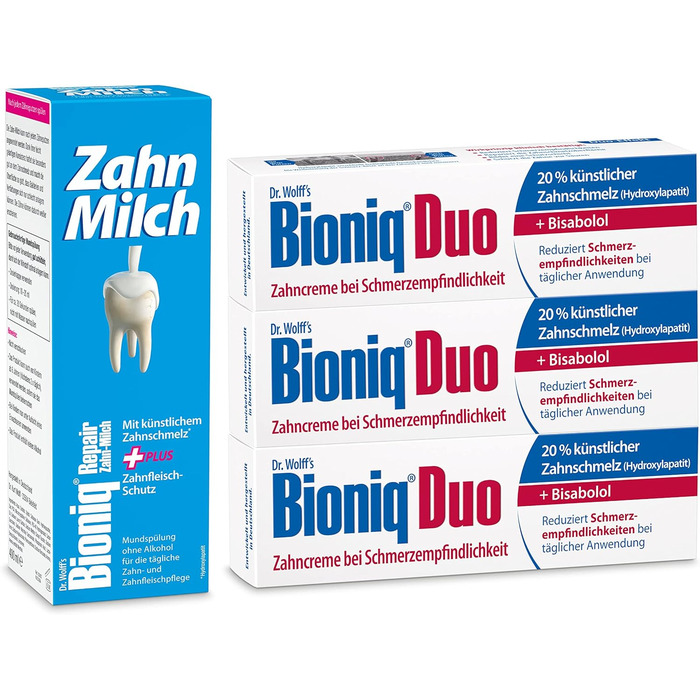 Зубна паста Bioniq Duo, 3 x 75 мл і Tooth Milk, 1 x 400 мл в наборі - Захист для чутливих зубів Відновлююча зубна паста та ополіскувач для порожнини рота зі штучною зубною емаллю Без фтору