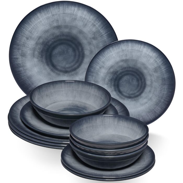 Набір меламінового посуду Jesolo Grey для 4 осіб, вигляд кераміки, можна мити в посудомийній машині, аксесуари для кемпінгу, посуд для каравану, посуд для фестивалів, посуд для пікніка, посуд для садової вечірки, 12 предметів