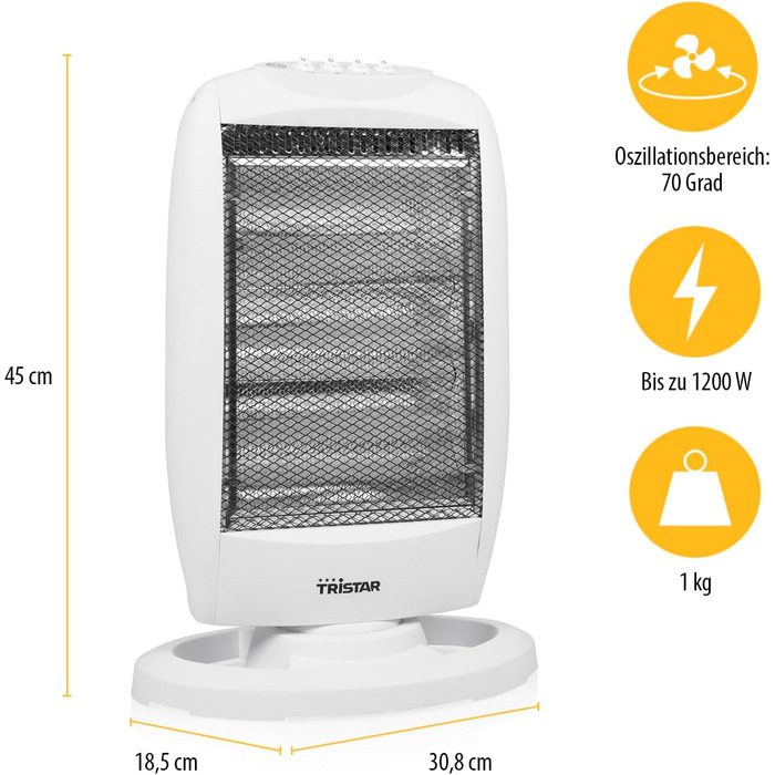 Інфрачервоний обігрівач Tristar KA-5129 галогенний 3 режими потужності коливальний макс. 1200 Вт, білий