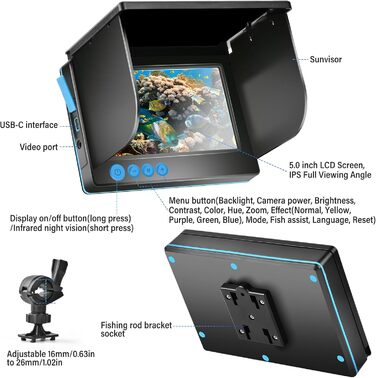 Більш глибокий ехолот, підводна камера для риболовлі, ширококутне інфрачервоне нічне бачення, водонепроникний хост IP65 з 5-дюймовим IPS-дисплеєм для EIS, річки та човна.