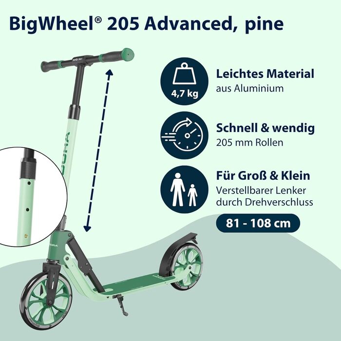 Самокат HUDORA BigWheel 205 Advanced комфортний алюмінієвий самокат до 100 кг, з регулюванням висоти та можливістю складання, для дітей, підлітків та дорослих, колір Pine