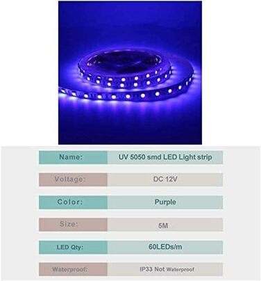 УФ/ультрафіолетова світлодіодна стрічка фіолетова SMD 5050 16.4FT/5M 300 світлодіодів 12V LED лампа для вечірки в приміщенні, розпису тіла, весілля