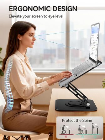 Підставка для ноутбука на стіл, регульована, з поворотним на 360 основами, ергономічна підставка для покращення постави, сумісна з MacBook Pro, Air та всіма ноутбуками від 10 до 15.6 дюймів Чорна