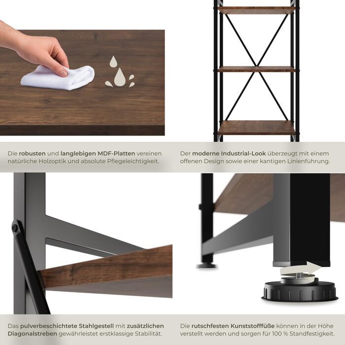 Книжкова полиця tectake Industrial Design, Відкритий стелаж з 5 полицями, Вінтажна окремостояча полиця із захистом від перекидання, Вузька полиця для офісу, вітальні, кухні, 47,5x34,5x151,5 см - Темне дерево в індустріальному стилі, Рустикальний темно-кор