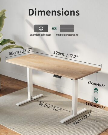 Стіл FEZIBO з регульованою висотою, цільна стільниця, 120 x 60 см, стіл з регульованою висотою та портами зарядки USB-A та USB-C, стіл для роботи сидячи та стоячи для домашнього офісу, стіл для роботи стоячи, дуб 120 x 60 см