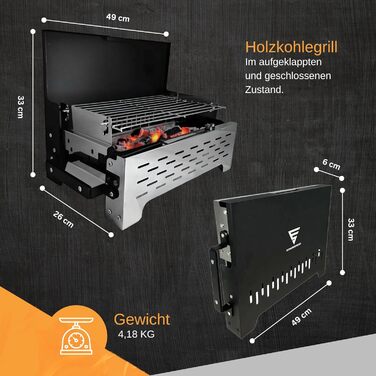 Складаний гриль 2.0 Регульований по висоті кемпінговий гриль з подвійними щипцями та сумкою вугільний гриль, протестований DEKRA, для використання на свіжому повітрі та барбекю. Складаний гриль з регулюванням висоти.