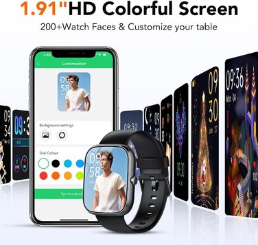 Розумний годинник для чоловіків та жінок, 1,91-дюймовий HD сенсорний розумний годинник із функцією телефону, 115 спортивних режимів, фітнес-трекер IP68 із серцевим ритмом, SpO2, монітором сну, крокоміром для Android та iOS, чорний