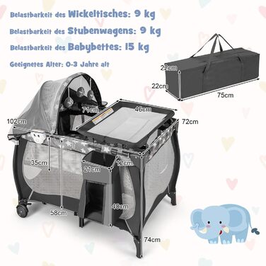 Дитяче ліжечко COSTWAY 4-в-1, портативне приліжкове ліжечко, дорожнє ліжечко зі складним матрацом, пеленальний столик, балдахін, ігрова арка та музичний мобіль, колиска з колесами, люлька для дитини до 36 місяців (сіра) темно-сіра