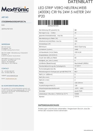 Світлодіодна стрічка Mextronic VERO LED стрічка Світлодіодна стрічка VERO нейтральна біла (4000k) CRI 96 24W 5 метр 24V IP20