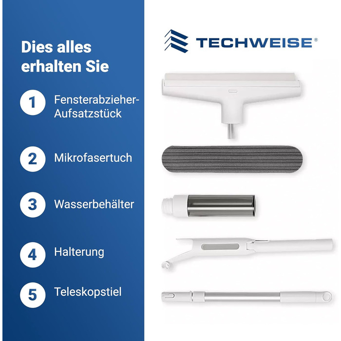 Мийник вікон TECHWEISE 4-в-1 з телескопічною ручкою, віконний ракель 130 см, віконний пилосос, засіб для миття вікон з функцією розпилення та піддоном для крапель води, віконний ракель