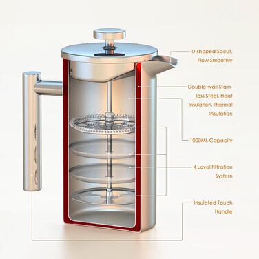 Кавоварка Enfmay French Press, 1 л френч-прес з нержавіючої сталі з 4 фільтрами та ложкою, знімна, легко чиститься, термо з ізоляцією з нержавіючої сталі для дому, подорожей та кемпінгу, срібло 1000 мл