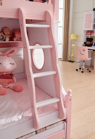 Дитяче двоярусне ліжко JooTech ліжко-горище дитяче ліжко функціональне ліжко зі сходами з полицею з ящиками 3 спальних місця рожев