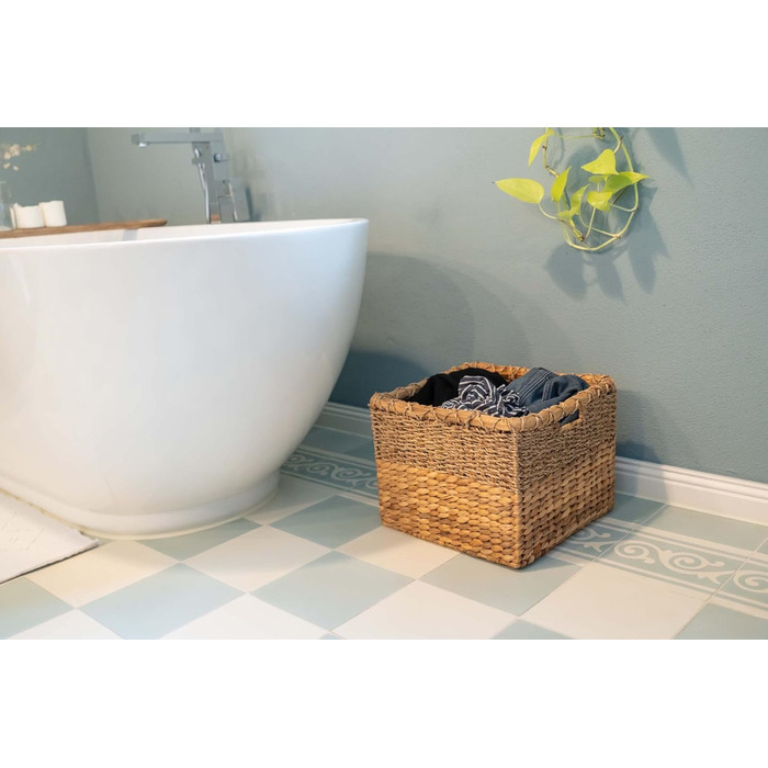 Плетений кошик для зберігання з водяного гіацинта та морської трави, прямокутний - квадратний кошик з полицями - Kallax/Expedit - Д 34 см, , натуральний