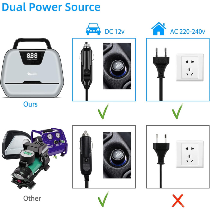 Компресор Reesibi 12 В 230 В, автомобільна шина з електричним повітряним насосом з цифровим дисплеєм, світлодіодним робочим світлом і набором адаптерів сірого кольору
