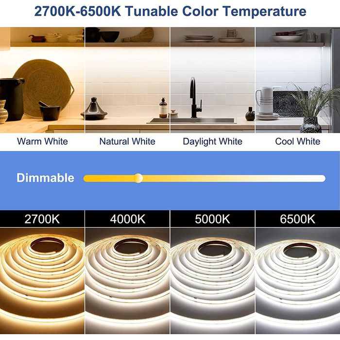 Світлодіодна стрічка TTWAY CCT COB 3M, регульована біла світлодіодна стрічка з регулюванням яскравості 2700K- 6500K 24V з радіочастотним керуванням і адаптером, 608 світлодіодів/м CRI93 Daul біла світлодіодна стрічка для приміщень, кімнат, DIY.