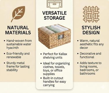 Екологічний кошик для зберігання з водяного гіацинта ручного плетіння, підходить для полиць Kallax (піввідсіку) 30 x 34 x 15 см натуральний