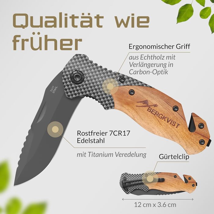 Складаний ніж BERGKVIST K20 (дворучний) з дерев'яним руків'ям та титаном - носіння дозволено - кишеньковий ніж 3-в-1 зі склом, різ