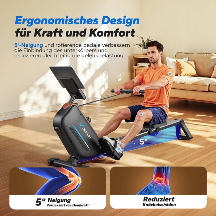 Складаний домашній гребний тренажер MERACH, магнітний, тихий гребний тренажер з ексклюзивним додатком, покращеними та подовженими напрямними рейками для більшої свободи рухів, ручне регулювання R15B2 (класичний)