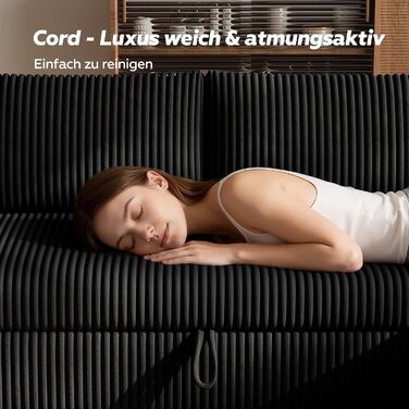 Кутовий диван з функцією сну, вельветова оббивка, L-подібний розкладний диван, розкладний диван, висувний диван з місцем для зберігання речей, двосторонній шезлонг (лівий та правий), чорний