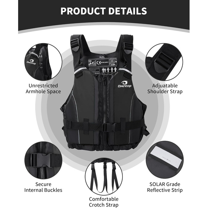 Плавучий жилет для дорослих Owntop, пінопластовий плавальний жилет з ремінцем у промежині та внутрішньою кишенею, унісекс, плавучий жилет для SUP, каякінгу, риболовлі, вітрильного спорту, каное, XS-S, чорний