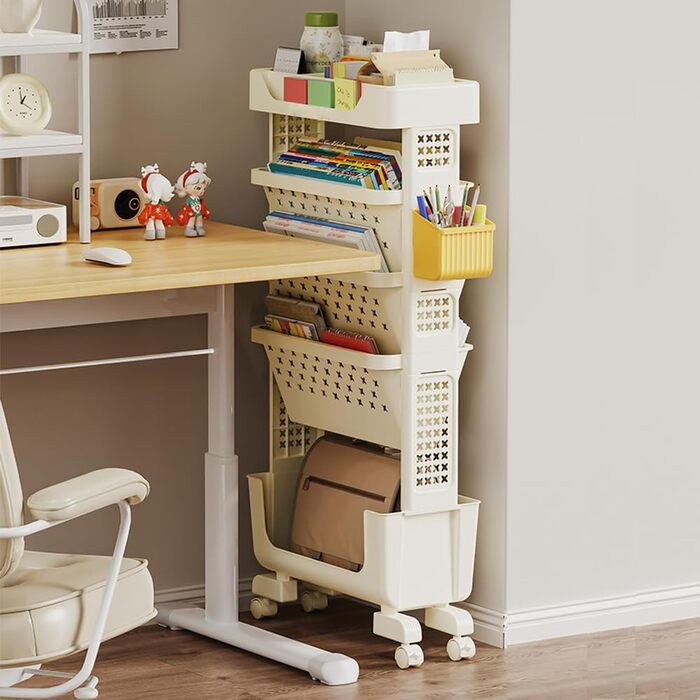 Мобільна книжкова полиця на колесах, органайзер для журналів/книг, візок для зберігання книг, 5-ярусна книжкова полиця на колесах для спальні, офісу та школи (біла)